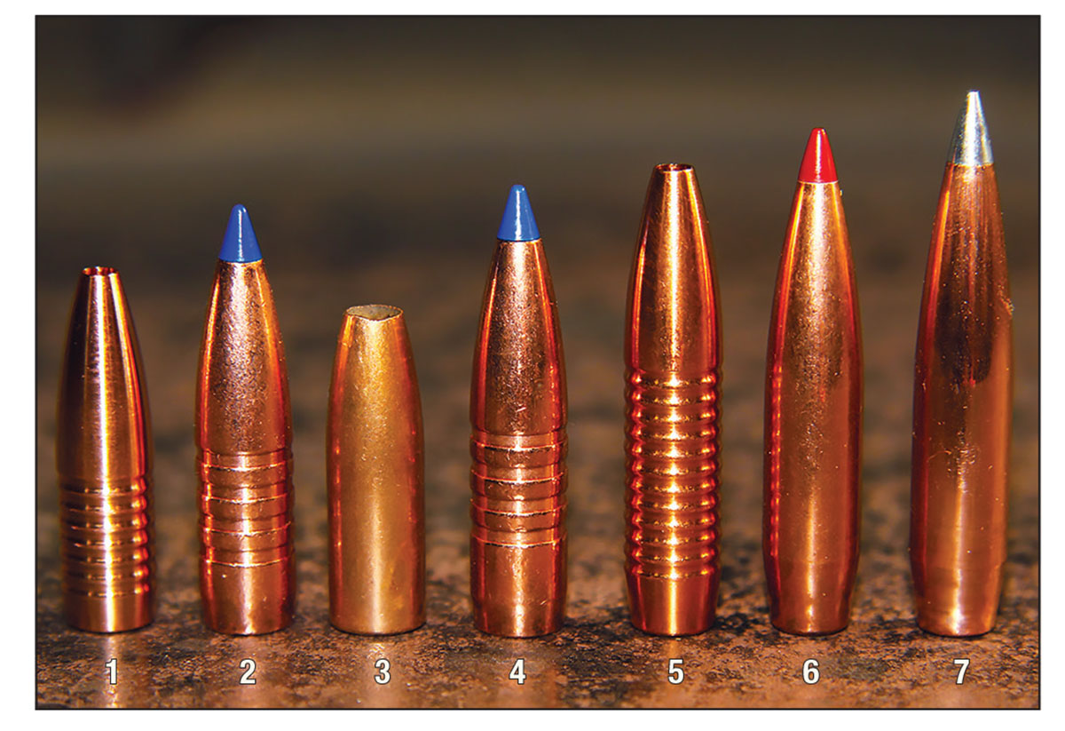 Bullets used to develop loads for the 8.6 BLK included: (1) 186-grain Hammer Bullets Shock Hammer, (2) 210-grain Barnes TTSX BT, (3) 225-grain Northern Precision Open Tip Bonded, (4) 225-grain Barnes M/LE TAC-TX BT, (5) 255-grain Hammer Shock Hammer, (6) 285-grain Hornady ELD Match and (7) 300-grain Hornady A-Tip Match.